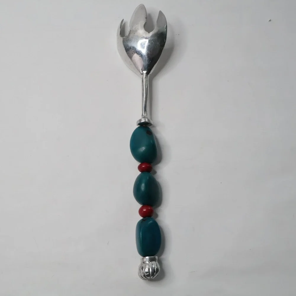 Southwestern Beaded Salad‎ Serving Fork Silver Tone Turquoise Coral Style Beads